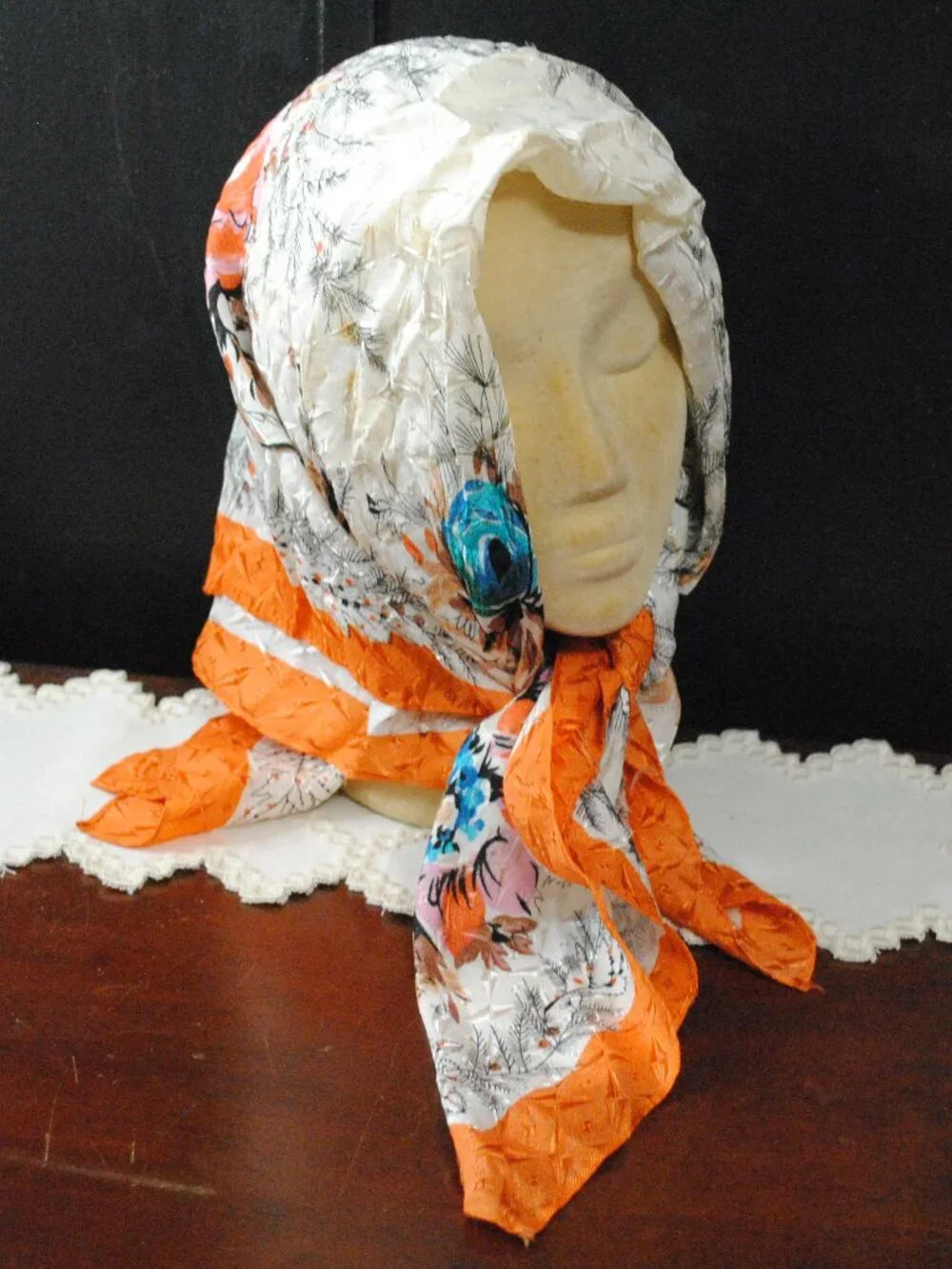 Vintage Large Floral 1950s Scarf made in Japan with Orange Border